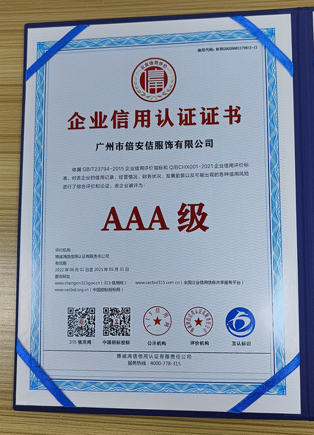Porcellana Guangzhou Beianji Clothing Co., Ltd. Certificazioni